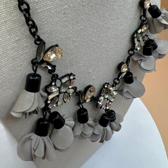 INC Statement Necklace With Fabric Flowers & Crystal Accents.  C16 - Picture 6 of 13